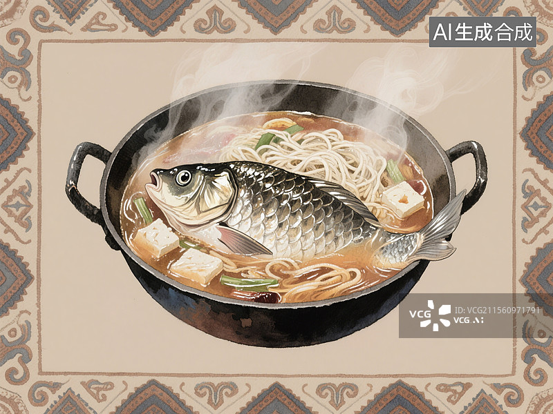 【AI数字艺术】黑龙江美食得莫利炖鱼水彩插画中国传统地方特色美食铁锅炖煮鲤鱼、豆腐和粉条图片素材