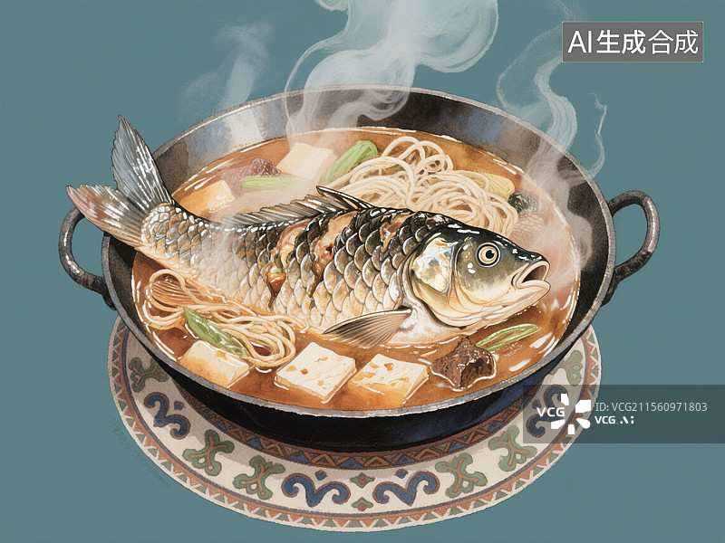 【AI数字艺术】黑龙江美食得莫利炖鱼水彩插画中国传统地方特色美食铁锅炖煮鲤鱼、豆腐和粉条图片素材