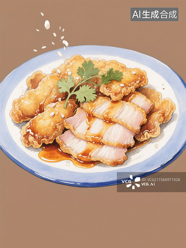 【AI数字艺术】黑龙江美食香脆锅包肉中国传统地方特色美食水彩手绘插画金黄酥脆外层淋透亮糖醋酱香菜纯色背景图片素材
