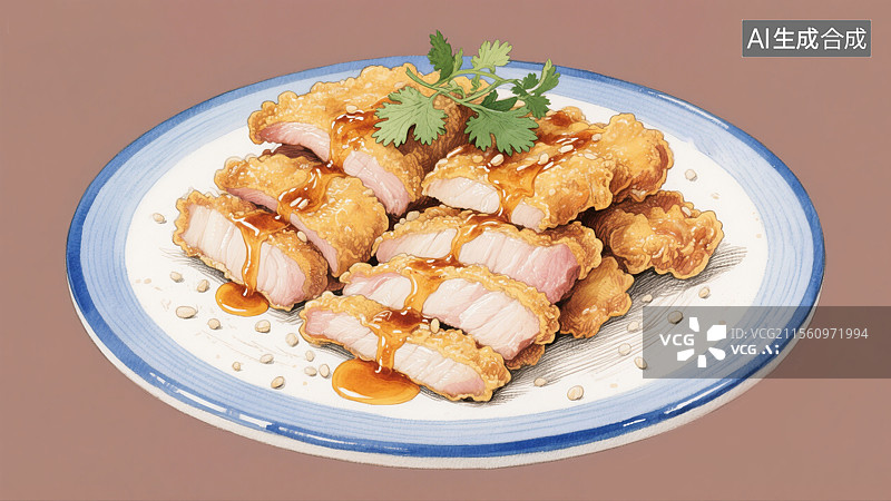 【AI数字艺术】黑龙江美食香脆锅包肉中国传统地方特色美食水彩手绘插画金黄酥脆外层淋透亮糖醋酱香菜纯色背景图片素材