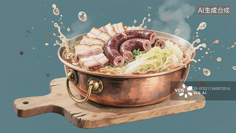 【AI数字艺术】吉林美味白肉血肠中国传统地方特色美食水彩插画沸腾酸菜锅白肉切片血肠于做旧松木菜板图片素材