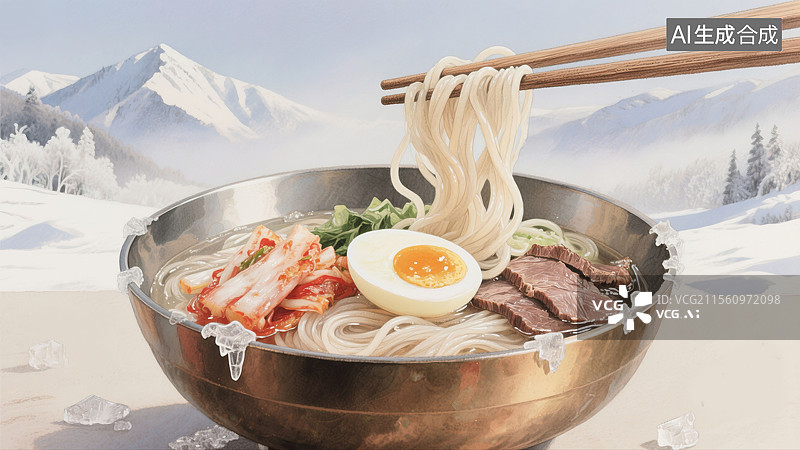 【AI数字艺术】吉林美食朝鲜族铜碗中的冷面水彩插画中国传统地方特色美食荞麦面分层泡菜半熟蛋长白山背景图片素材