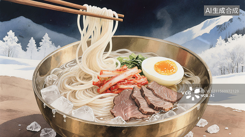 【AI数字艺术】吉林美食朝鲜族铜碗中的冷面水彩插画中国传统地方特色美食荞麦面分层泡菜半熟蛋长白山背景图片素材