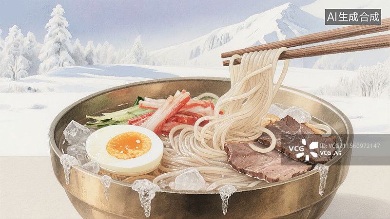 【AI数字艺术】吉林美食朝鲜族铜碗中的冷面水彩插画中国传统地方特色美食荞麦面分层泡菜半熟蛋长白山背景图片素材