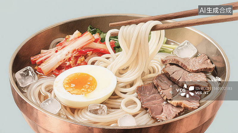 【AI数字艺术】吉林美食朝鲜族铜碗中的冷面水彩插画中国传统地方特色美食荞麦面分层泡菜半熟蛋纯色背景图片素材