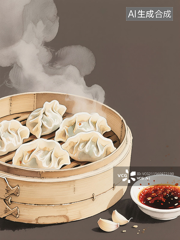 【AI数字艺术】辽宁美食老边饺子制作工艺写实水彩插画展现煸馅特写蒸笼竹纹和醋蒜泼溅中国传统地方特色美食插画海报图片素材