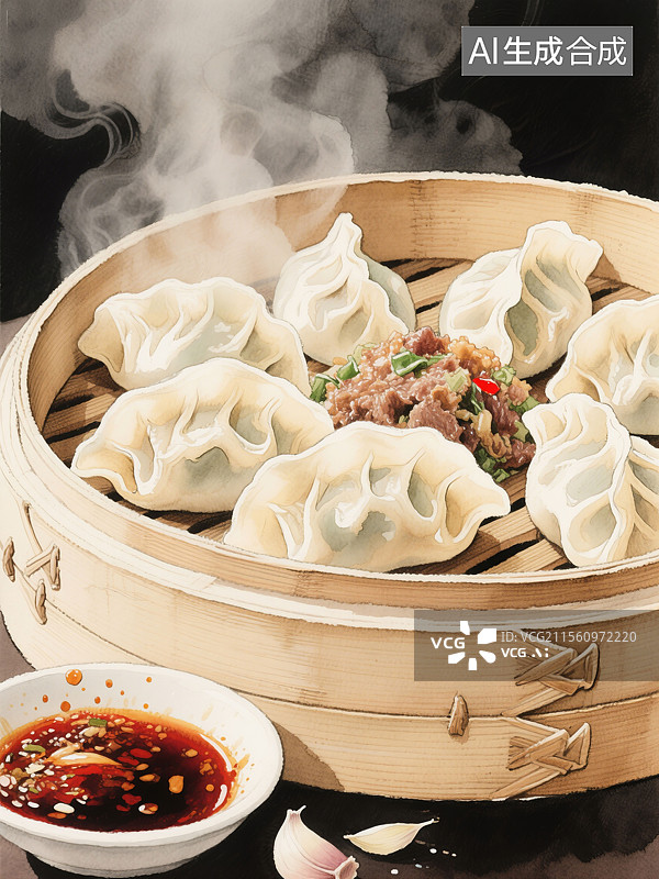 【AI数字艺术】辽宁美食老边饺子制作工艺写实水彩插画展现煸馅特写蒸笼竹纹和醋蒜泼溅中国传统地方特色美食插画海报图片素材