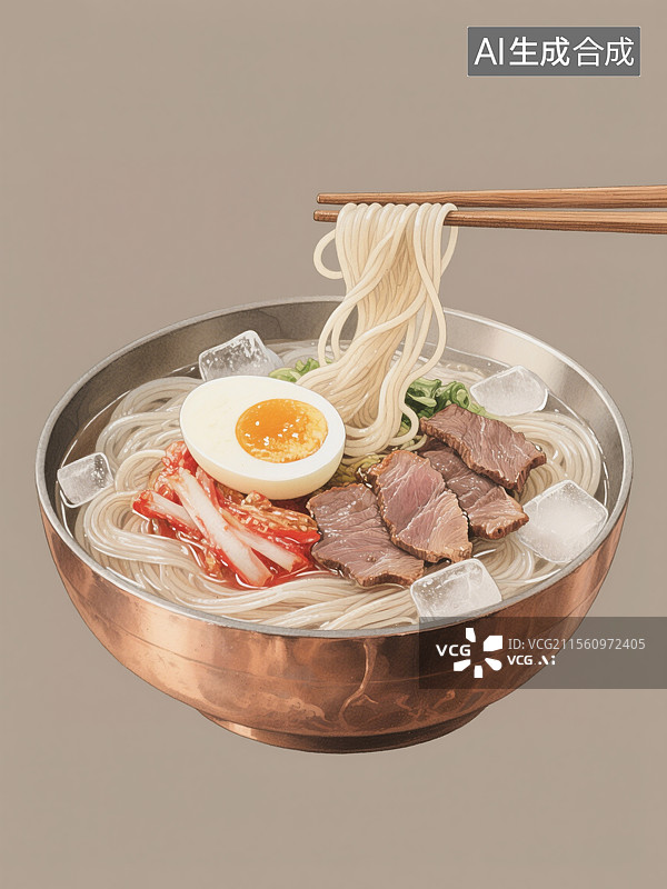 【AI数字艺术】吉林美食朝鲜族铜碗中的冷面水彩插画中国传统地方特色美食荞麦面分层泡菜半熟蛋纯色背景图片素材