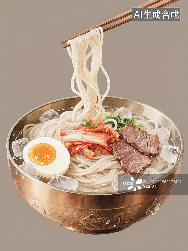 【AI数字艺术】吉林美食朝鲜族铜碗中的冷面水彩插画中国传统地方特色美食荞麦面分层泡菜半熟蛋纯色背景图片素材