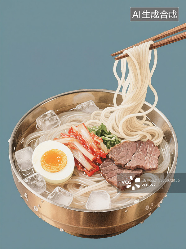 【AI数字艺术】吉林美食朝鲜族铜碗中的冷面水彩插画中国传统地方特色美食荞麦面分层泡菜半熟蛋纯色背景图片素材