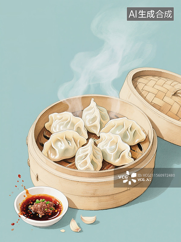 【AI数字艺术】辽宁美食老边饺子制作工艺写实水彩插画煸馅特写蒸笼竹纹和醋蒜泼溅中国传统地方特色美食插画海报节气冬至图片素材