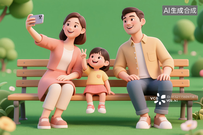 【AI数字艺术】一对年轻夫妻和女儿在公园长椅上自拍三维图形3D图片素材