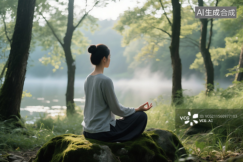 【AI数字艺术】户外打坐冥想 宁静放松 绿色生机 森林 氧气 禅意 商业广告背景素材图片素材