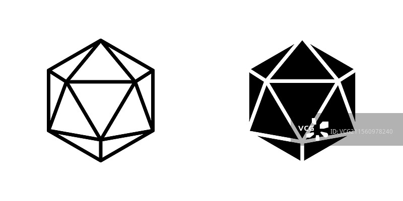 d20骰子图标，线条风格和黑色实心图标图片素材