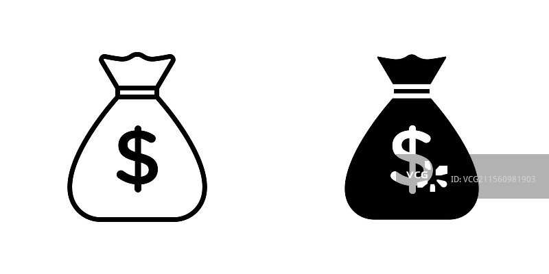 钱袋图标的线条图和黑色实心图标图片素材