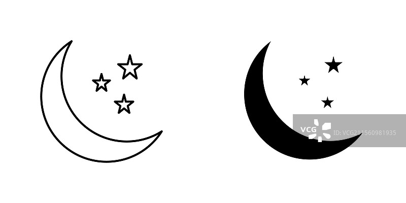 月亮和星星图标，线条风格和黑色实心图标图片素材