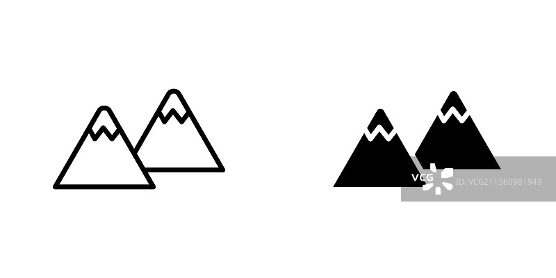 山脉图标，线条风格和黑色实心图标图片素材