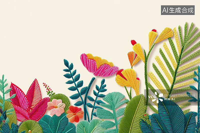 【AI数字艺术】中国风传统手工艺刺绣彩色卡通花卉扁平图案插画图片素材