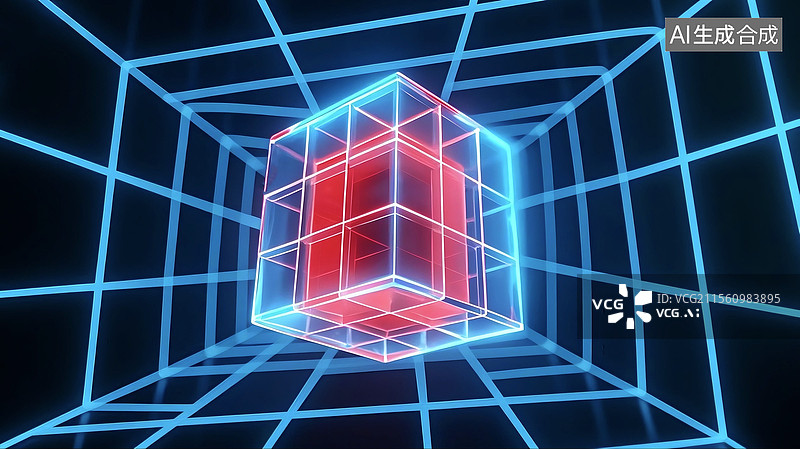 【AI数字艺术】3D三维C4D几何学魔方体科学技术概念数字网络互联网计算机大数据能源现代未来发光艺术设计插画背景壁纸图片素材