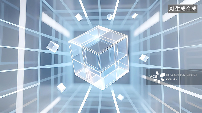 【AI数字艺术】3D三维C4D几何学魔方体科学技术概念数字网络互联网计算机大数据能源现代未来发光艺术设计插画背景壁纸图片素材