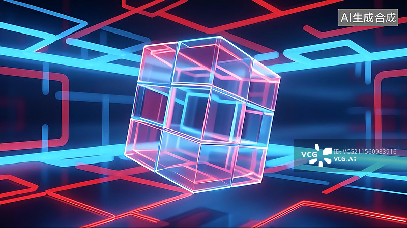 【AI数字艺术】3D三维C4D几何学魔方体科学技术概念数字网络互联网计算机大数据能源现代未来发光艺术设计插画背景壁纸图片素材