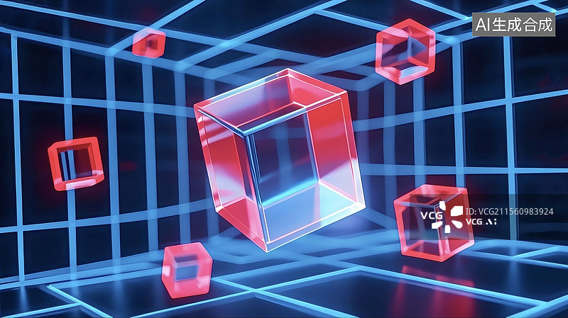 【AI数字艺术】3D三维C4D几何学魔方体科学技术概念数字网络互联网计算机大数据能源现代未来发光艺术设计插画背景壁纸图片素材
