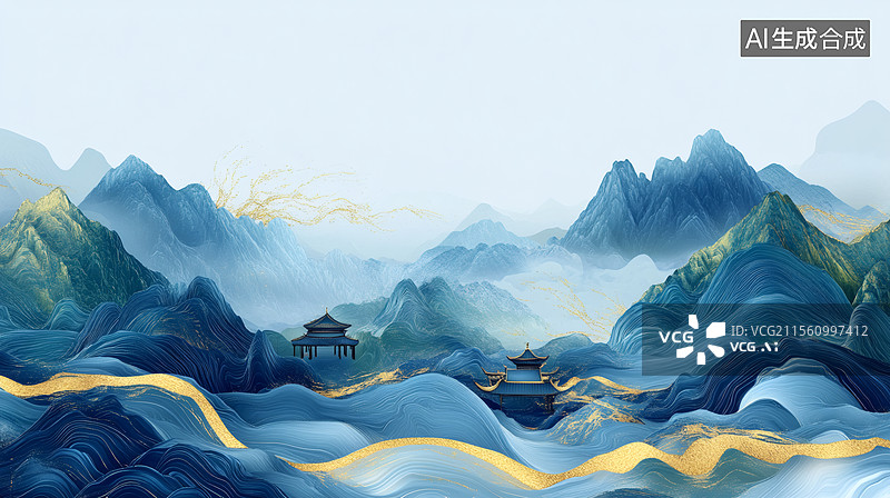 【AI数字艺术】水墨青金山水画卷图片素材