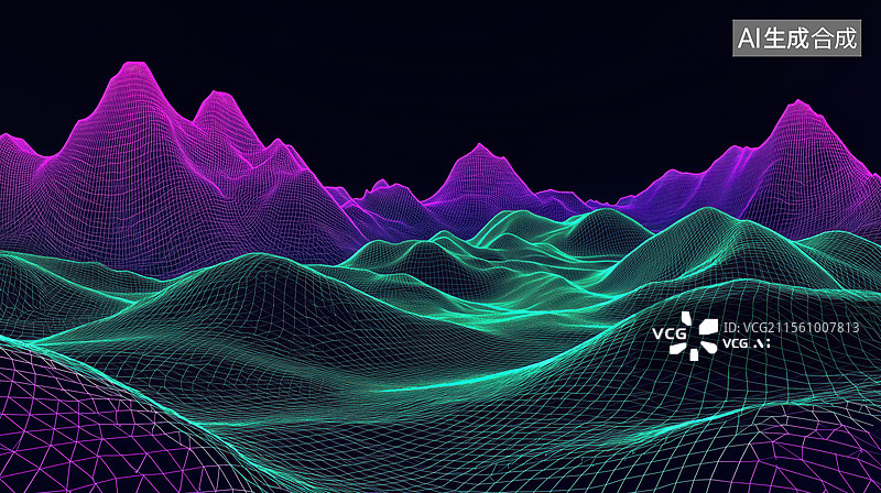 【AI数字艺术】绚丽多彩的三维线框山脉图片素材