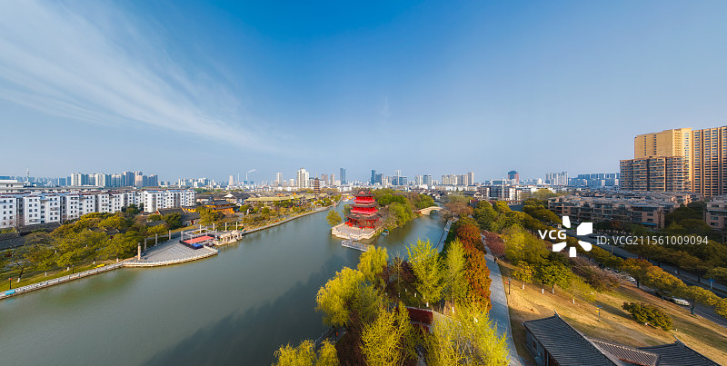 江苏，淮安市，里运河文化长廊，里运河，中洲公园，清江浦中洲岛，清江浦楼，国师塔，都市天际线，春季航拍图片素材