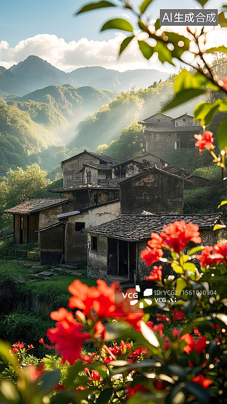 【AI数字艺术】山谷里盛开的映山红下的老房子插画摄影背景配图图片素材