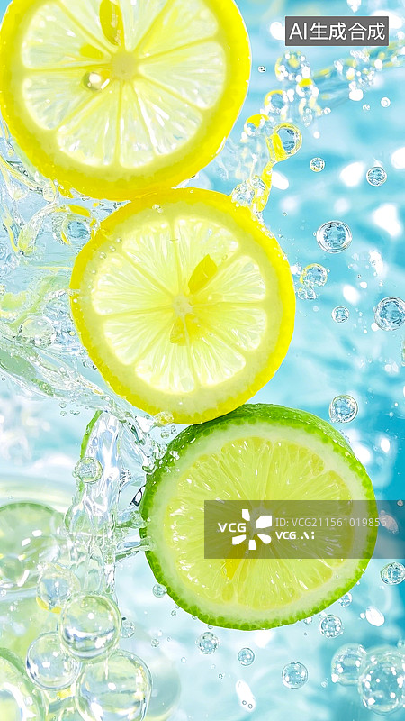 【AI数字艺术】掉入水中的柠檬片动态气泡插画摄影广告背景配图图片素材