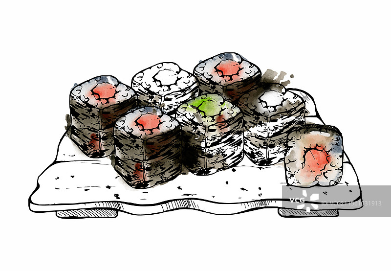 日式美食卷寿司套餐放在陶瓷盘上图片素材