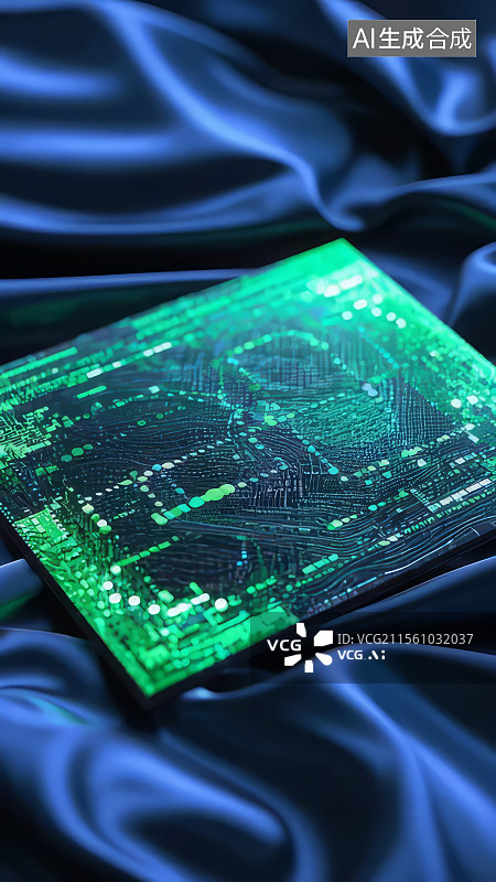 【AI数字艺术】绿色电路板在蓝色丝绸背景上图片素材