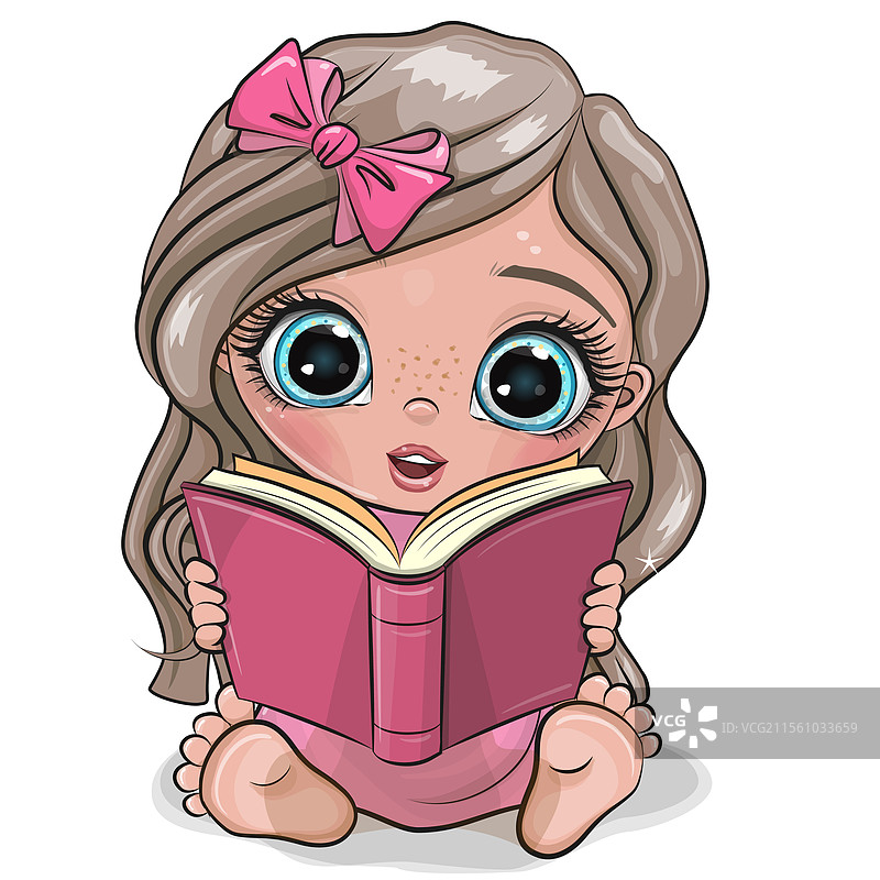 卡通女孩正在阅读一本粉色的书，背景为单色。图片素材