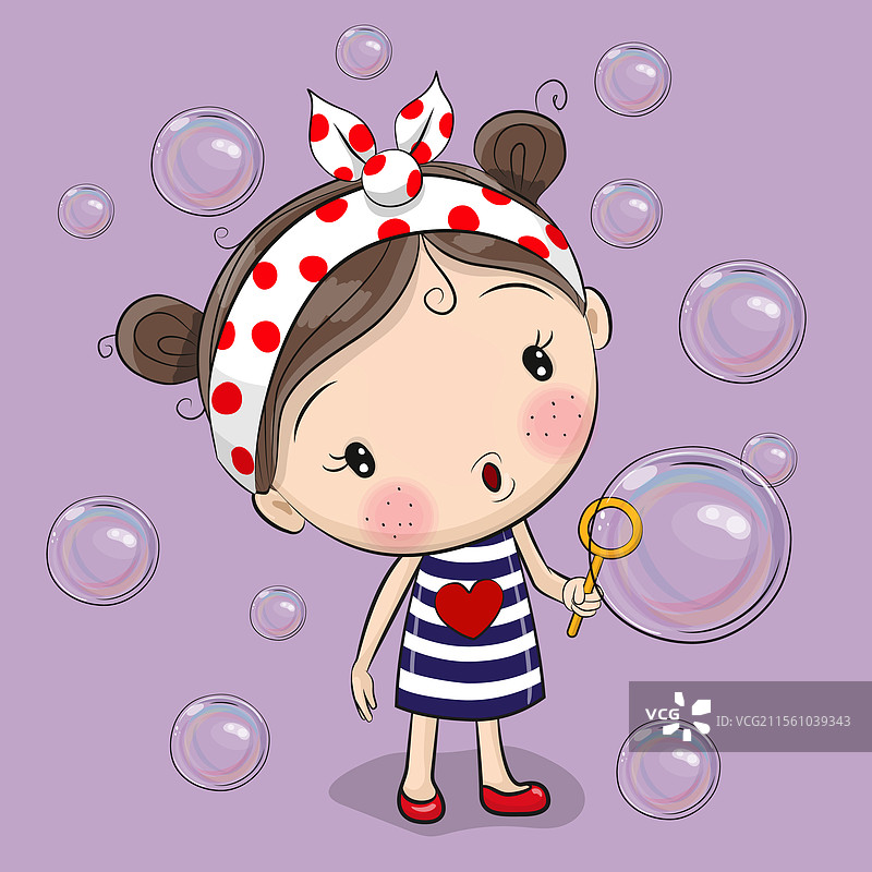 卡通女孩在紫色背景上吹泡泡图片素材