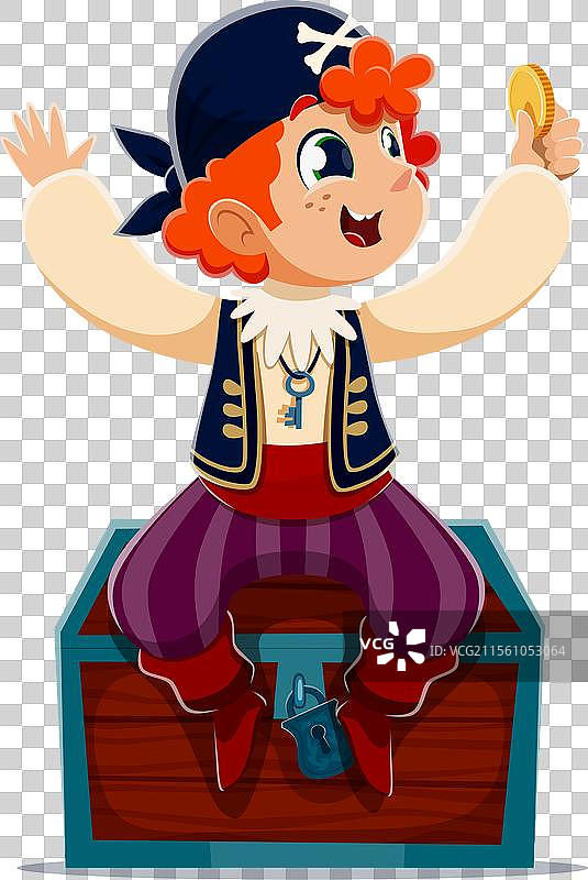 卡通小男孩海盗与宝箱图片素材