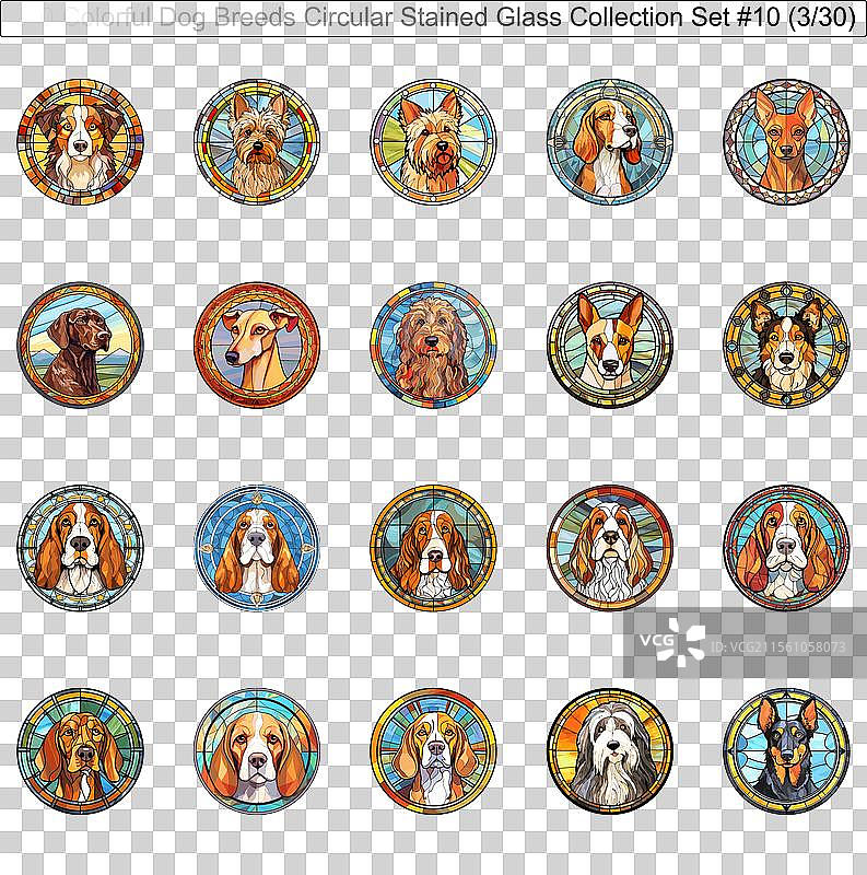 五彩斑斓的狗品种圆形彩色玻璃狗图片素材