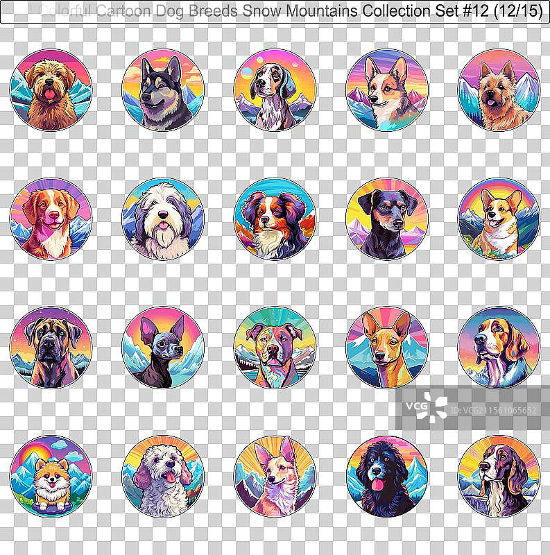 色彩斑斓的狗狗品种卡通角色在雪中图片素材