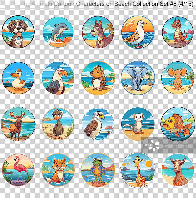 300只搞笑动物卡通角色在海滩上图片素材