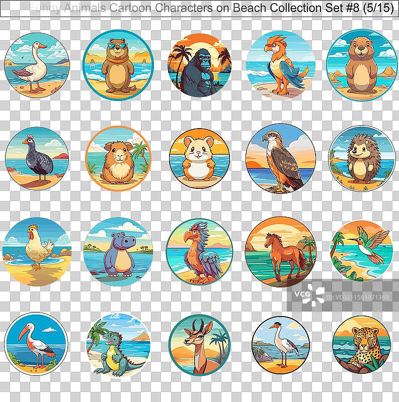 300只搞笑的动物卡通角色在海滩上图片素材