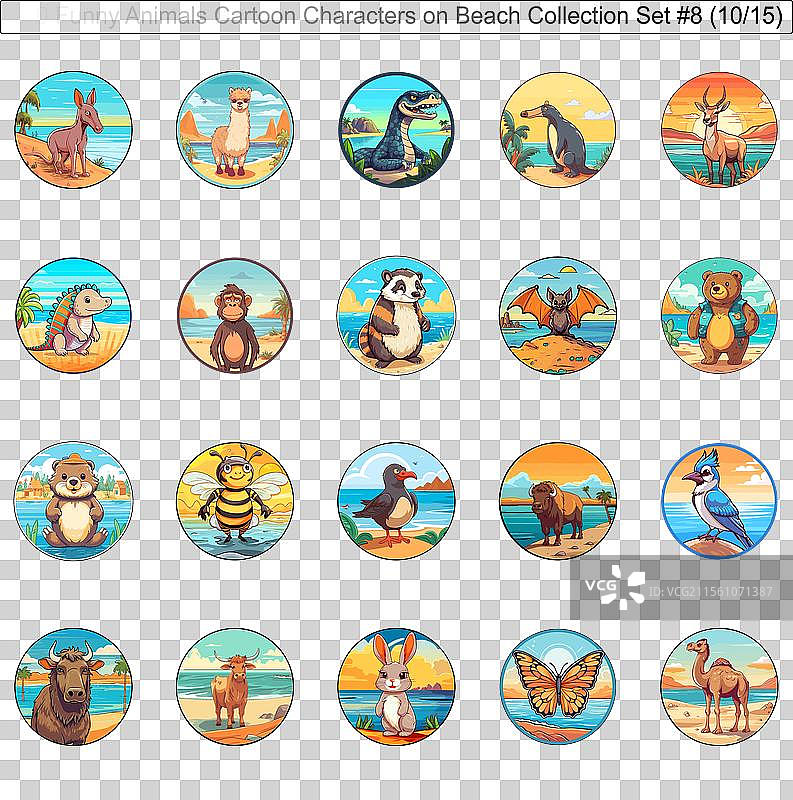300只搞笑动物卡通角色在海滩上图片素材