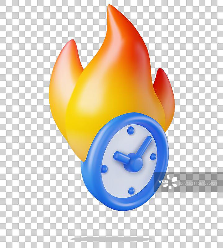 白色背景下的火焰中的3D闹钟图片素材