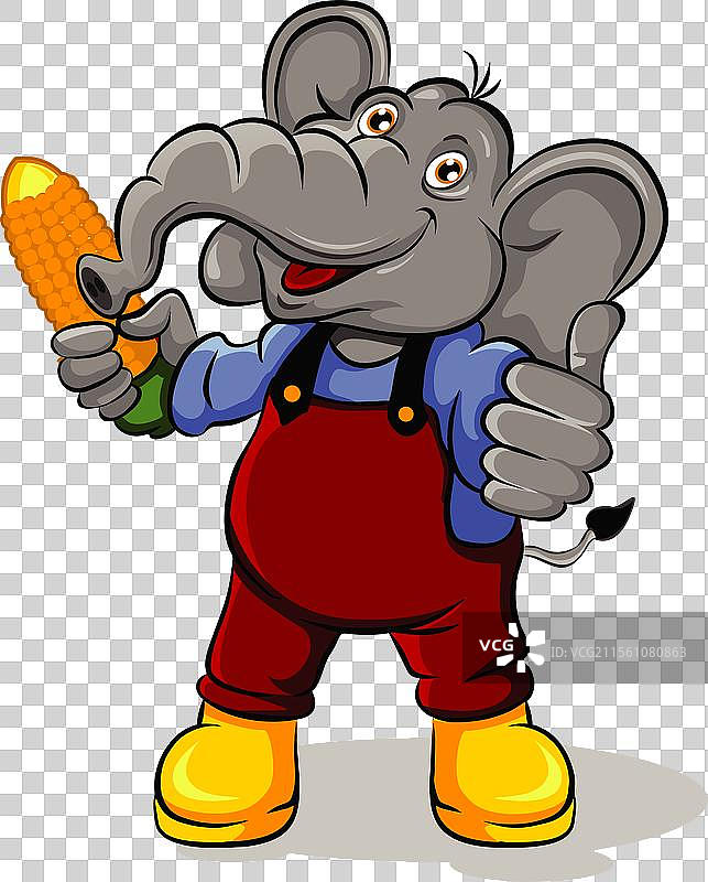 大象吉祥物正拿着一根优质的玉米。图片素材