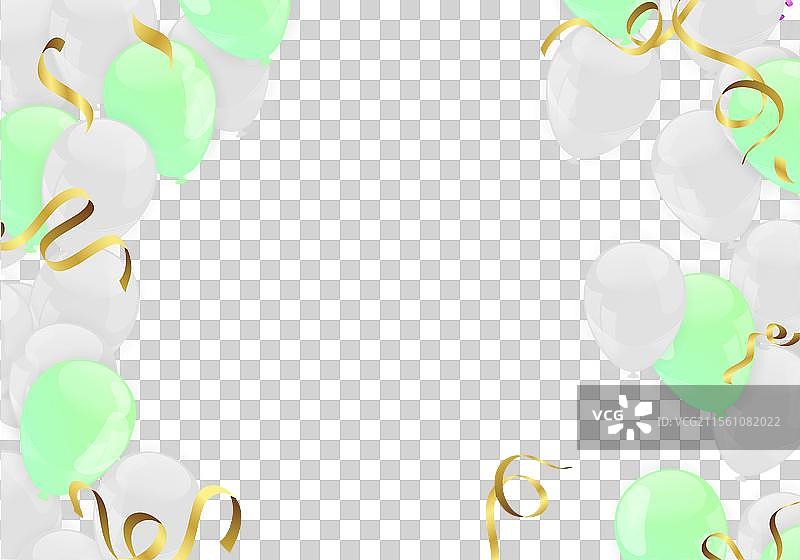 白色和绿色的气球上系着金色丝带图片素材