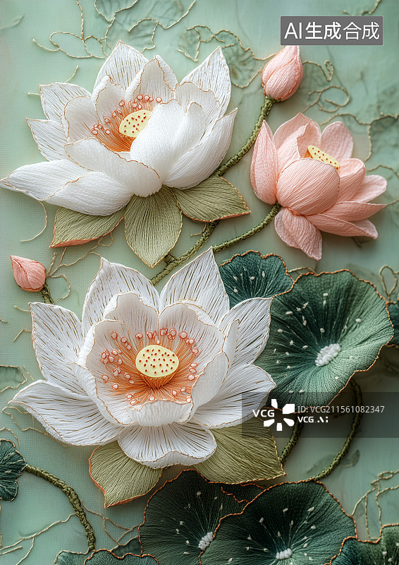【AI数字艺术】刺绣风格的一朵荷花图片素材