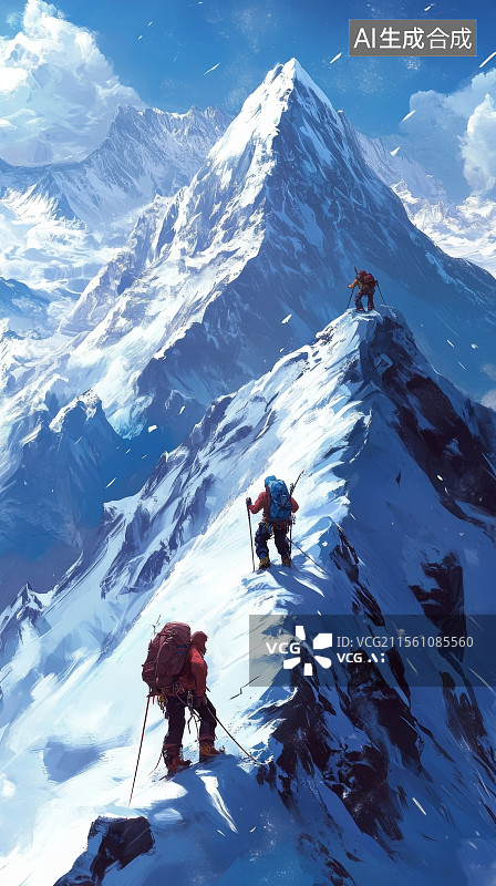 【AI数字艺术】雪山之巅的登山者队伍图片素材