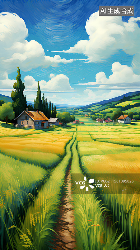 【AI数字艺术】麦田和房子图片素材