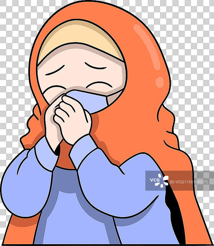 戴着口罩的穆斯林女孩在打喷嚏，显得很痛苦图片素材