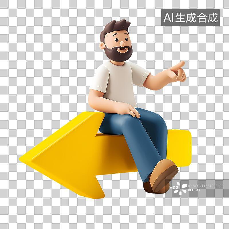 【AI数字艺术】卡通男孩坐在黄色箭头上指引方向图片素材