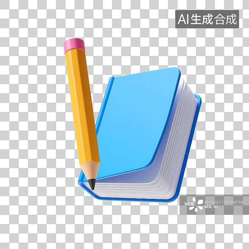【AI数字艺术】3D卡通蓝色书本与铅笔立体图标图片素材